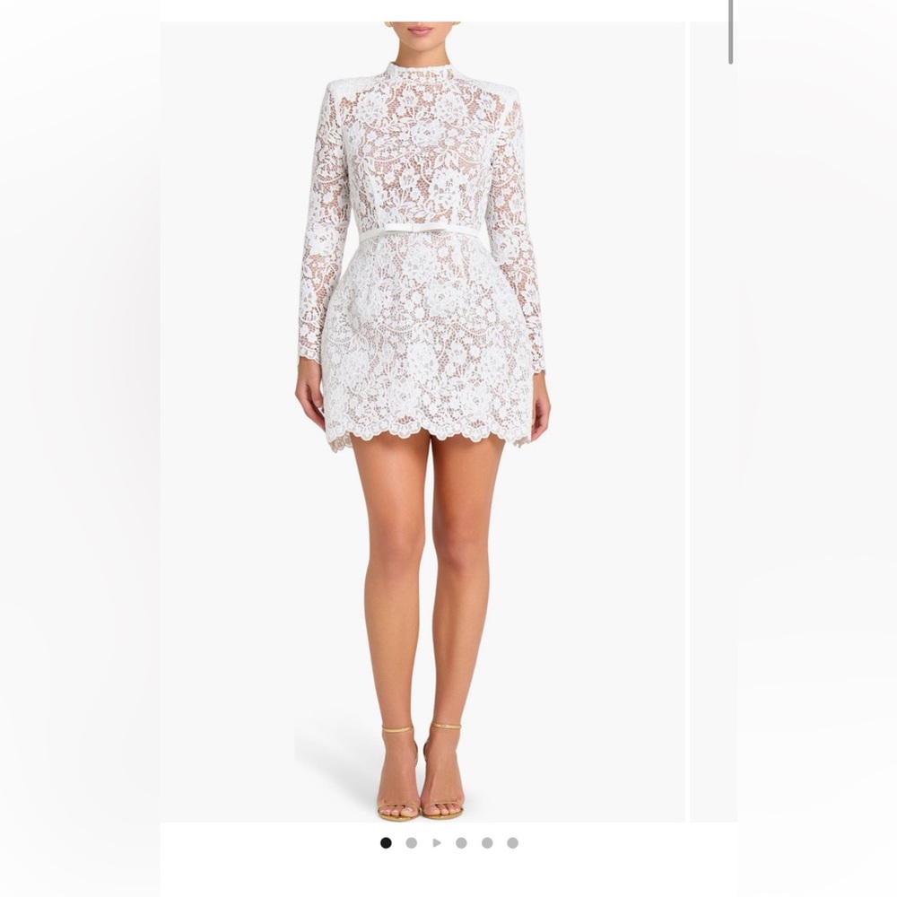 NADINE MERABI White Lace High-Neck Long-Sleeve Mini Dress